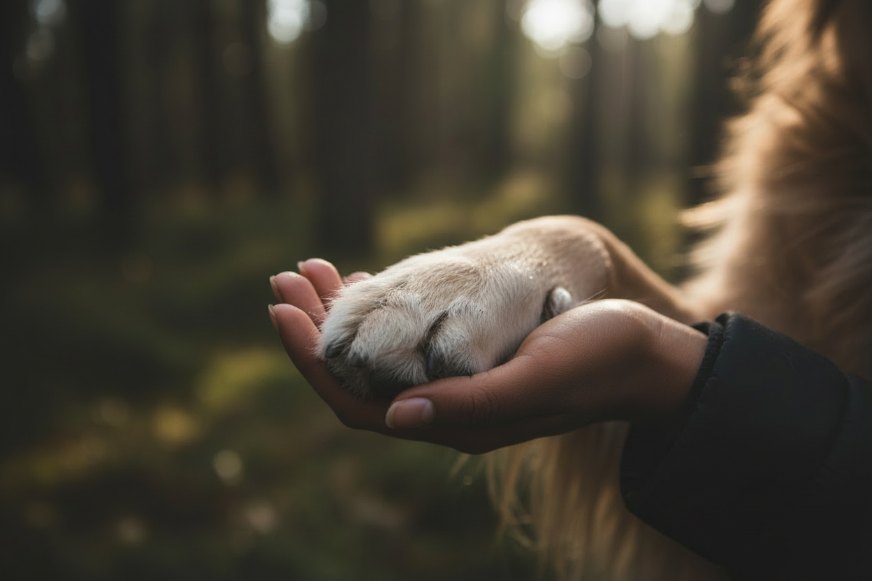 générer l'image d'une patte de chien dans la main d'une femme avec un fon sombre et dehors